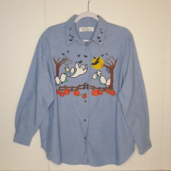 Karen Scott Halloween Ghosts Pumpkin Bats Chambray Button Down Shirt 1X Spooky - Picture 1 of 8